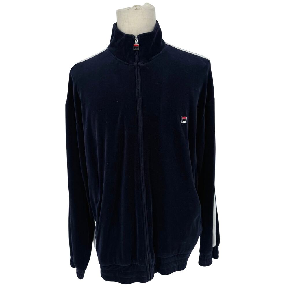 FILA Men's Full Zip Velour Sweatshirt Vintage Y2K Logo Navy Blue White Men's XXL